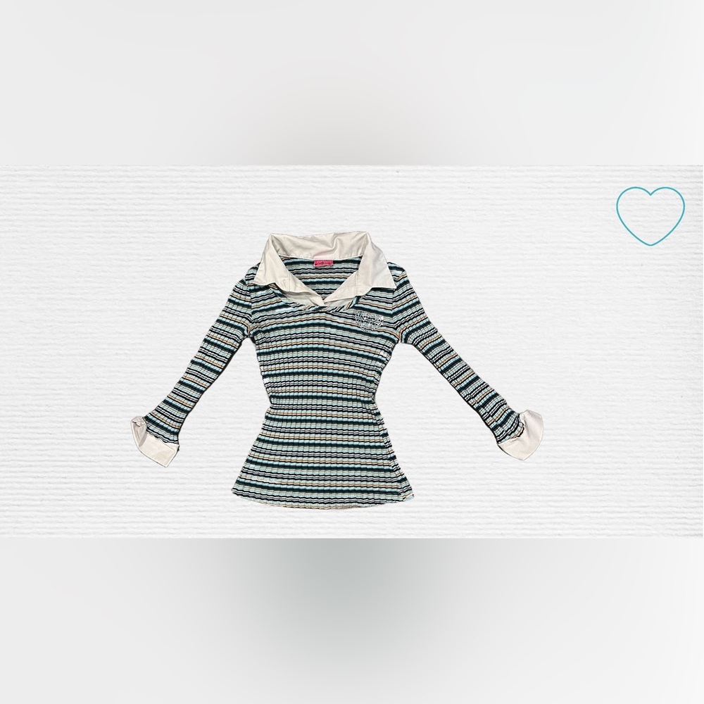 Y2K Striped, green blue, collared shirt with rhinestone detailing. <3